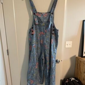 Easel Blue Overalls with Floral Accents